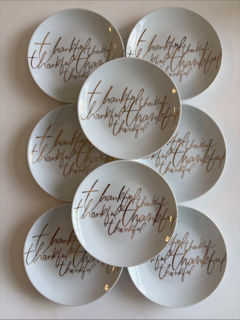 Crate and Barrel Set Of 8 Thankful White Gold Appetizer Dessert Plates Holiday
